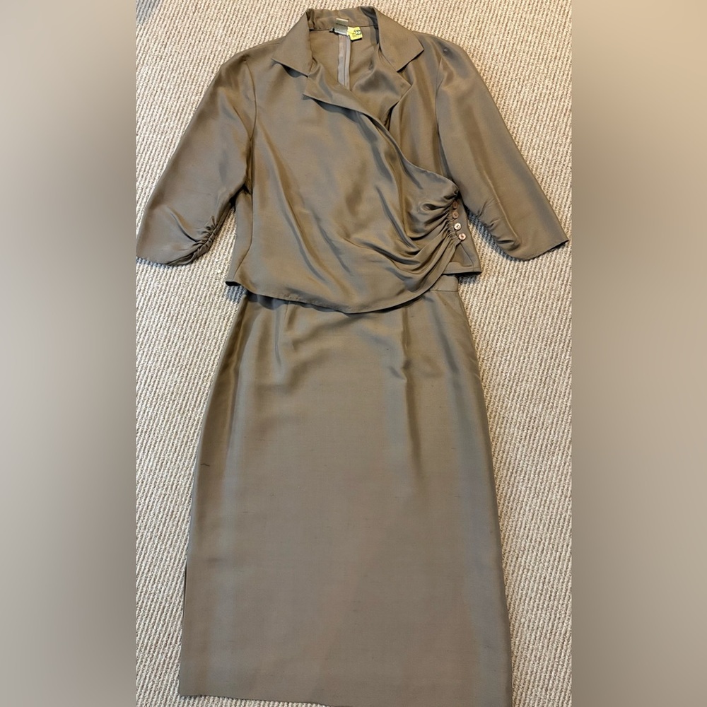 Designer Patrick Christopher Mocha Silk Two Piece (midi Skirt & Blouse) 14